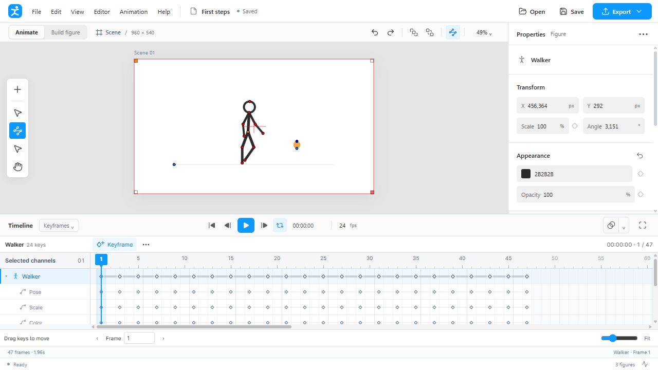The actual StykAnimate editor: a stick figure on the canvas, joint handles, properties, and an Advanced timeline with separate animation tracks.